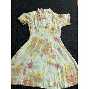 Free People Floral Mini Dress Cream Yellow Pink Short Sleeve Smocked Back XS